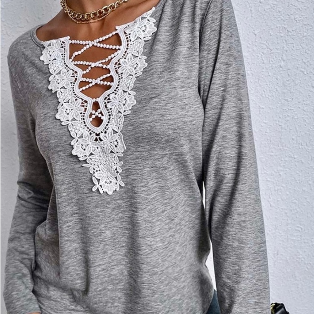 Gray Straps-Accent Lace Trimmed V-Neck Top - NWOT